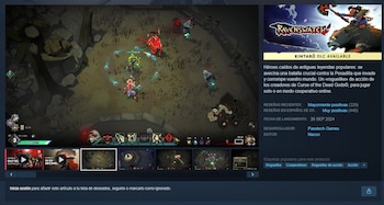 Captura de pantalla de un videojuego en vista superior a la izquierda y una ficha informativa con título, ilustración y datos a la derecha