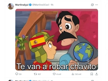 Dibujo animado de dos hombres, uno con gorro verde y bandera de España, camiseta roja; el otro con bigote y expresión triste, sujeta un globo terráqueo. Texto: Te van a robar chavito