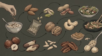Ilustración estilo sketch con diez tipos de frutos secos, como almendras y cacahuetes, y ejemplos de su uso en platos como cereales, ensaladas y cremas.