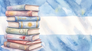 Pila de ocho libros con lomos de colores variados frente a un fondo de acuarela celeste y blanco. Uno de los libros exhibe el Sol de Mayo.