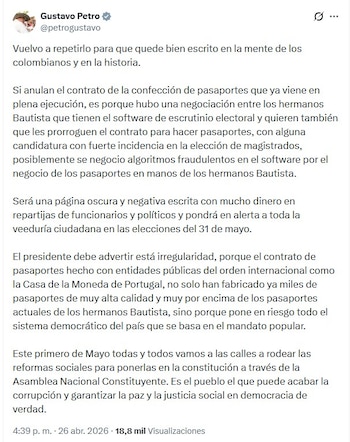 Gustavo Petro afirmó que el país debe prestar atención al modelo de contratación que involucra procesos estratégicos como la identificación ciudadana y la logística electoral - crédito @petrogustavo/X