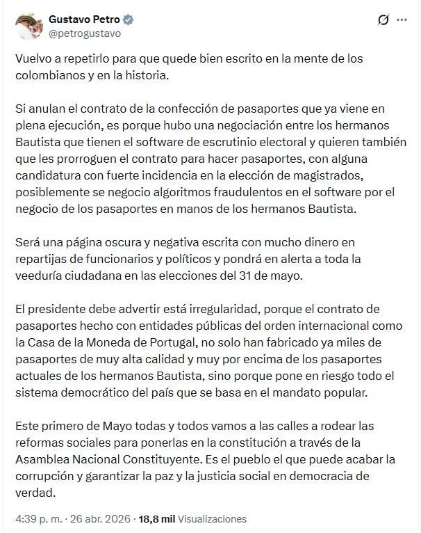 Gustavo Petro afirmó que el país debe prestar atención al modelo de contratación que involucra procesos estratégicos como la identificación ciudadana y la logística electoral - crédito @petrogustavo/X