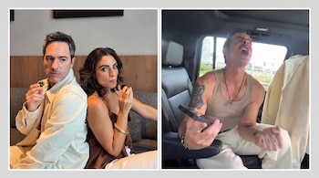 Un collage muestra un hombre y una mujer sentados espalda con espalda en un sofá, y al hombre con la boca abierta en un coche.