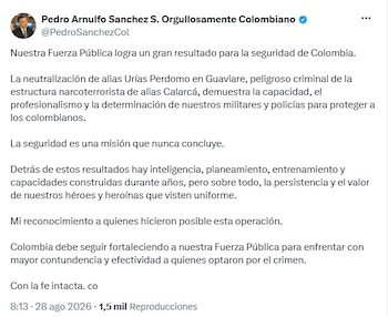 Pedro Arnulfo Sánchez, general retirado y exministro de Defensa del gobierno del expresidente Gustavo Petro, celebró la operación de la Fuerza Pública que dejó 11 muertos en la madrugada del jueves 27 de agosto de 2026 en zona rural de El Retorno, Guaviare - crédito @PedroSanchezCol/X