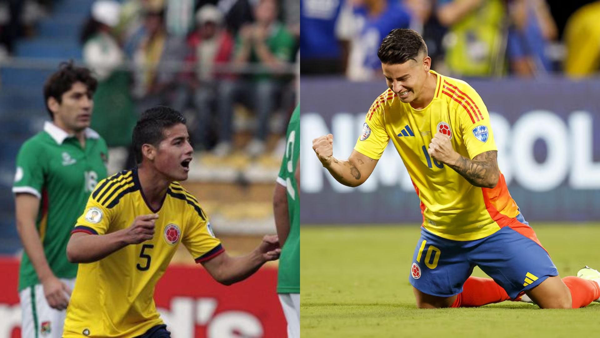 El de la izquierda es James Rodríguez en su primer partido con la selección Colombia, fue ante Bolivia en 2011; el de la derecha es el mismo jugador, después de llevar al país a la final de la Copa América de 2024 - crédito Reuters/AFP