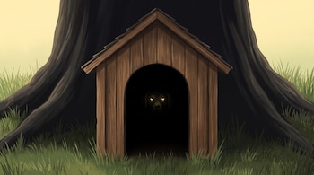 Una casita de perro de madera bajo el tronco de un árbol grande; el interior oscuro de la casita muestra solo los ojos de un perro que brillan. Hay pasto alrededor.