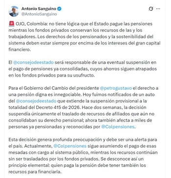 Antonio Sanguino, ministro del Trabajo, apuntó que la decisión genera profunda preocupación y debe ser una alerta para el país - crédito @AntonioSanguino/X