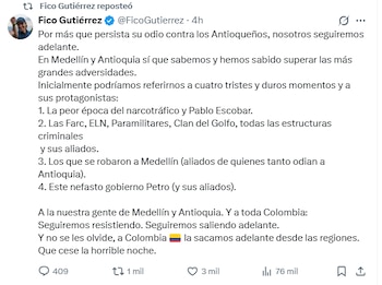 El alcalde Federico Gutiérrez destaca la capacidad de Antioquia y Medellín para superar crisis generadas por narcotráfico y violencia - crédito @FicoGutiérrez/X