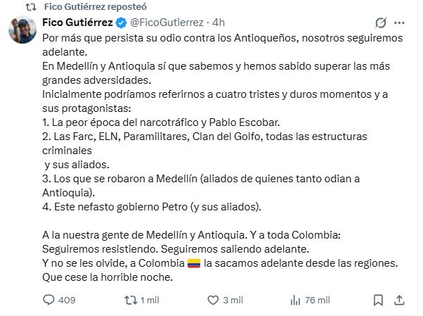 El alcalde Federico Gutiérrez destaca la capacidad de Antioquia y Medellín para superar crisis generadas por narcotráfico y violencia - crédito @FicoGutiérrez/X