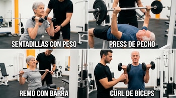 Cuatro imágenes de adultos mayores en un gimnasio, realizando sentadillas, press de pecho, remo y curl de bíceps con pesas y asistencia de entrenadores.