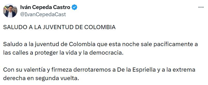 Cepeda agradeció el apoyo ciudadano y destacó la participación de los jóvenes en la campaña. - crédito @IvanCepedaCast/X
