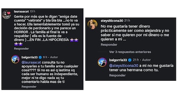Captura de pantalla de dos conversaciones de redes sociales con comentarios sobre Alejandra Baigorria y su hermano defendiéndola