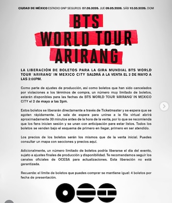 La dinámica de liberación responde a ajustes de producción, cancelaciones de compras irregulares y revisión de ocupación de espacios. (Instagram/ @ocesa_kpop)