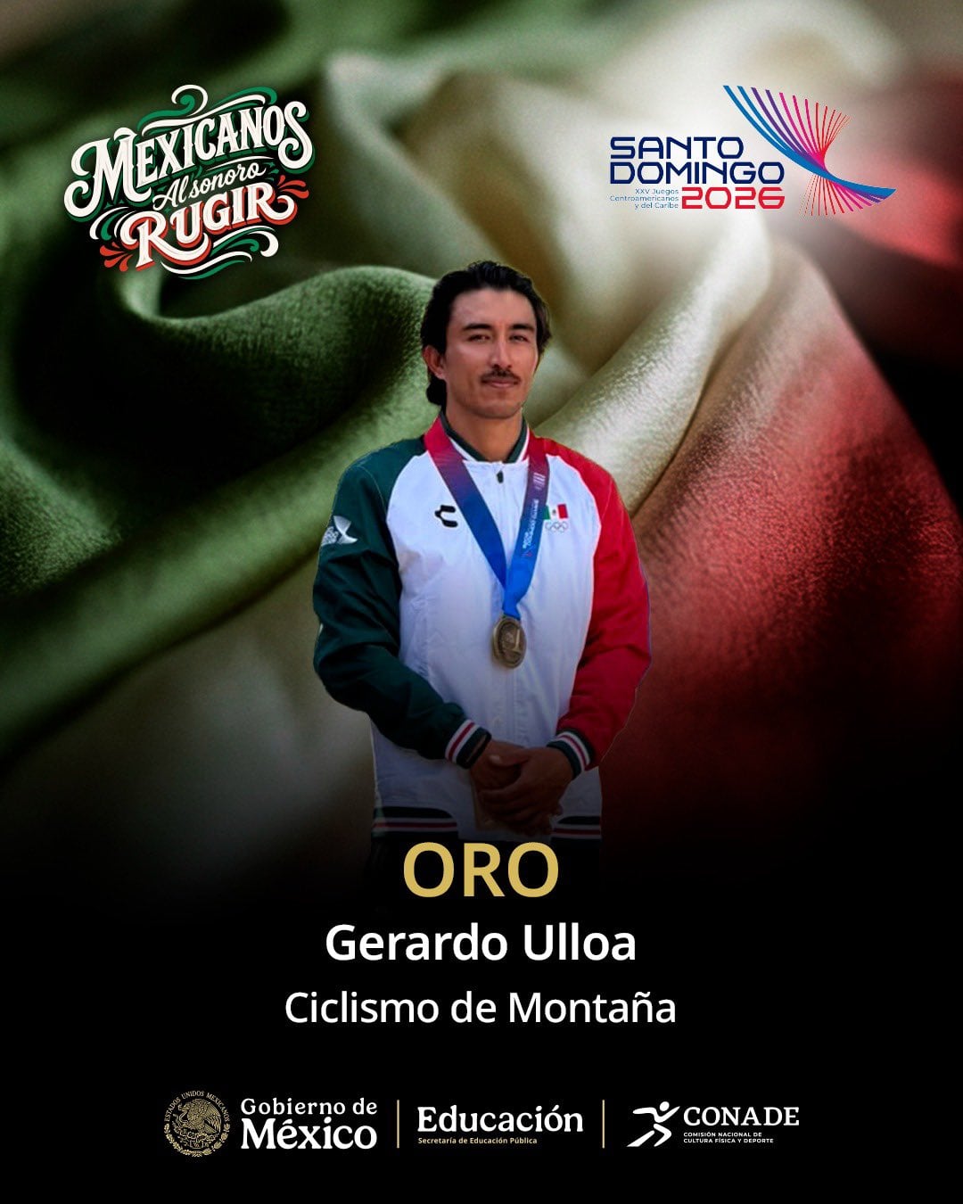 El ciclista mexicano Gerardo Ulloa posa con su medalla de oro en un cartel promocional de los XXV Juegos Centroamericanos y del Caribe Santo Domingo 2026. ( X / CONADE)