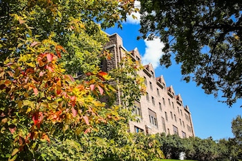 Fachada de un edificio de piedra vista a través de ramas de árboles con hojas verdes y rojizas bajo el cielo azul