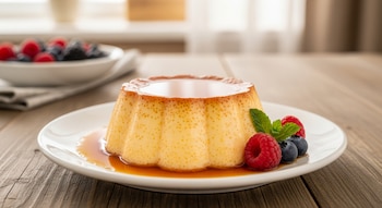 Flan de yogur sobre un plato blanco con caramelo y adornado con frambuesas, arándanos y menta, sobre una mesa de madera. Al fondo, un cuenco de bayas.