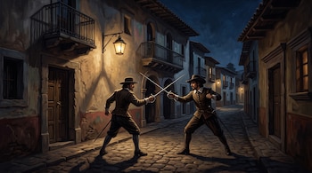 Dos hombres con sombreros y espadas cruzadas en una calle empedrada nocturna con faroles y edificios de estilo colonial.