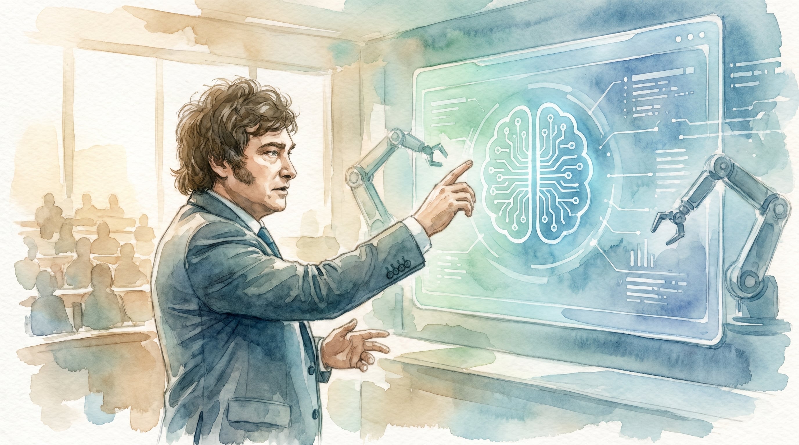 El presidente Milei enfatiza el apoyo al avance de la inteligencia artificial, interactuando con una interfaz holográfica que muestra un cerebro digital y brazos robóticos ante una audiencia atenta. (Imagen Ilustrativa Infobae)