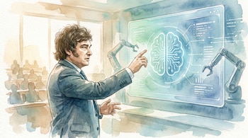 Pintura de acuarela de un hombre con pelo rizado, similar a Milei, de perfil, señalando una pantalla holográfica con un cerebro digital y brazos robóticos. Fondo con audiencia borrosa.