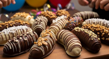 Vista cercana de múltiples chocobananas cubiertas de chocolate, con decoraciones como maní, coco rallado y chispas de colores, sobre una mesa de madera.