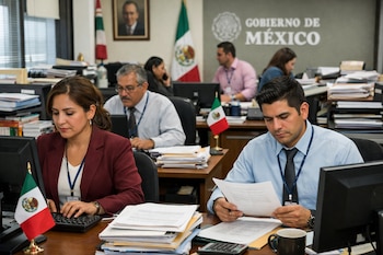 Empleados mexicanos laboran en una oficina gubernamental con computadoras, documentos y banderas de México. Un letrero "GOBIERNO DE MÉXICO" es visible.