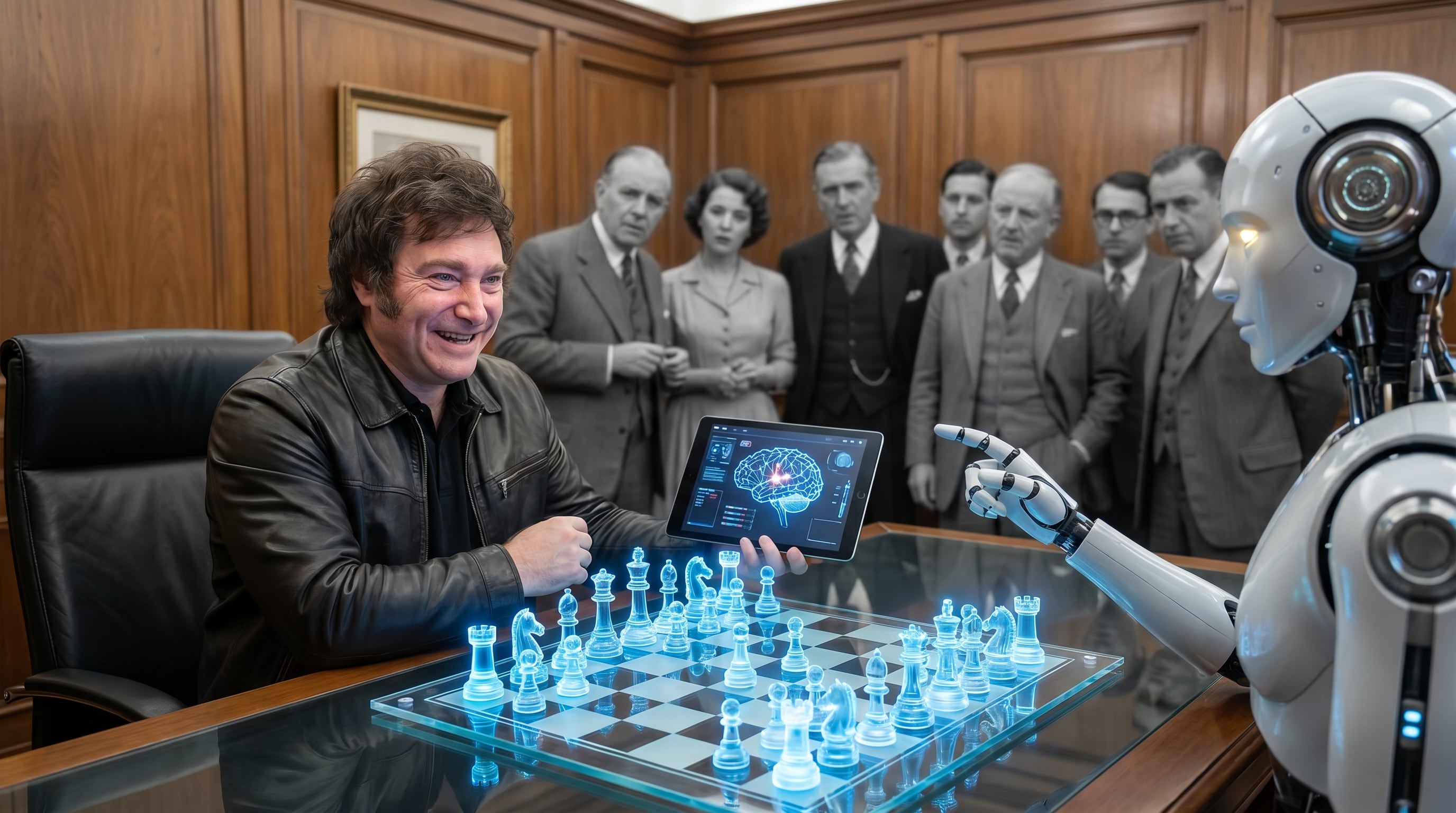 El presidente argentino Javier Milei sonríe mientras juega una partida de ajedrez con piezas luminosas contra una IA, bajo la atenta y desconcertada mirada de políticos tradicionales en blanco y negro. (Imagen Ilustrativa Infobae)