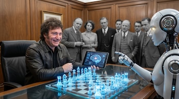 Javier Milei juega ajedrez contra un robot humanoide. En segundo plano, figuras en blanco y negro observan desde una sala con paneles de madera.