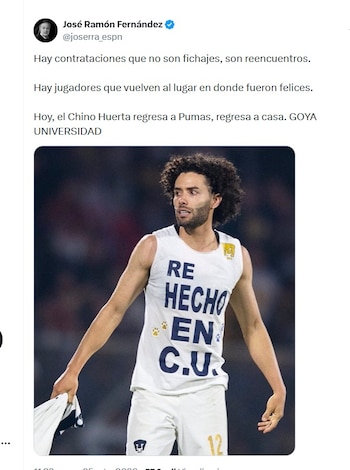 José Ramón Fernández reacciona al regreso del Chino Huerta con Pumas (X/ @joserra_espn)