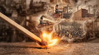 Primer plano de un fósforo de madera encendiéndose con chispas. Del humo emergen imágenes de una locomotora, una cocina, una fábrica y un taller del siglo XIX.