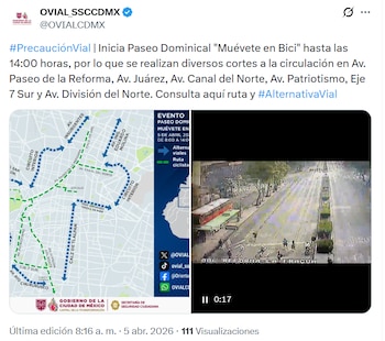 Inicia Paseo Dominical “Muévete en Bici” hasta las 14:00 horas (captura de pantalla)