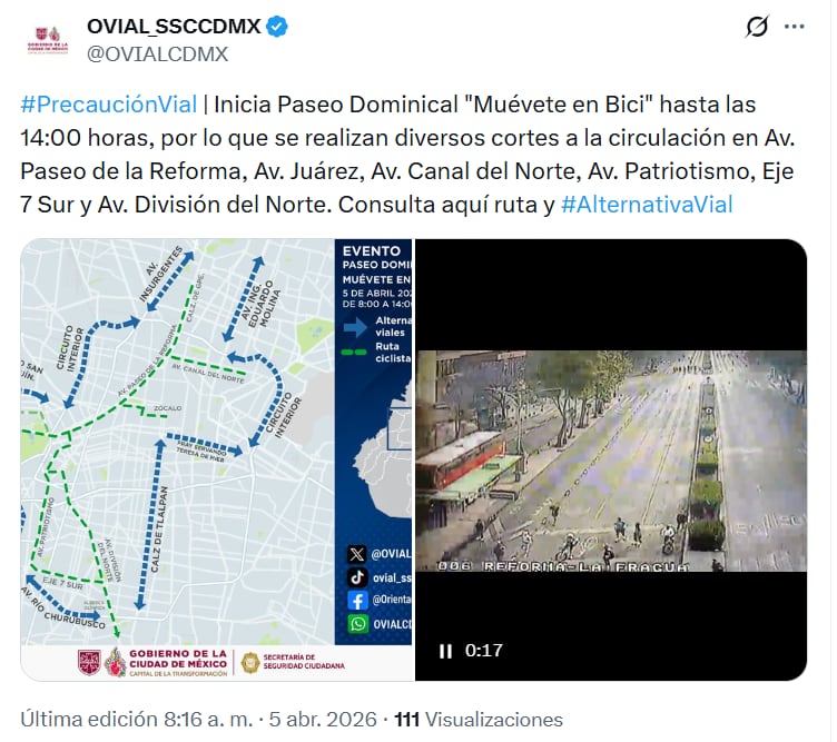 Inicia Paseo Dominical “Muévete en Bici” hasta las 14:00 horas (captura de pantalla)