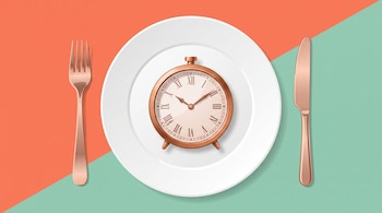 Un plato blanco con un reloj metálico en el centro, flanqueado por un tenedor y un cuchillo sobre un fondo dividido en dos colores.