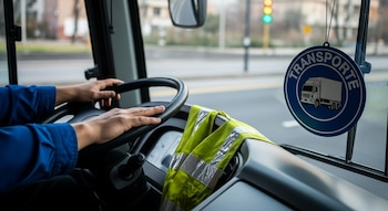 Manos sobre el volante de un autobús con un chaleco reflectante amarillo visible. Un distintivo azul con la palabra 'Transporte' y un camión cuelga del retrovisor.