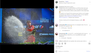 Captura de pantalla de una publicación en redes sociales con la foto de un piloto en el podio y comentarios de texto