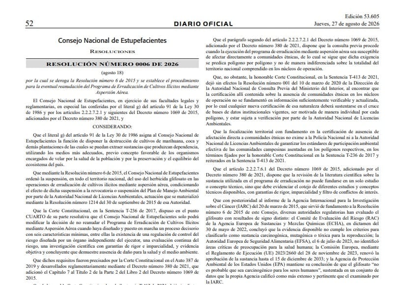 Sin embargo, la derogatoria no significa que el programa de aspersión aérea con glifosato vuelva a operar de inmediato en el país - crédito Comnsejo Nacional de Estupefacientes