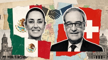 Retratos de Claudia Sheinbaum y Guy Parmelin. Banderas de México y Suiza, apretón de manos, mapas, recortes de prensa, edificios históricos.