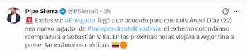 El anuncio del periodista colombiano, Felipe Sierra, sobre la llegada de Luis Díaz a Independiente Rivadavia desde Envigado F.C. - crédito @PSierraR/x