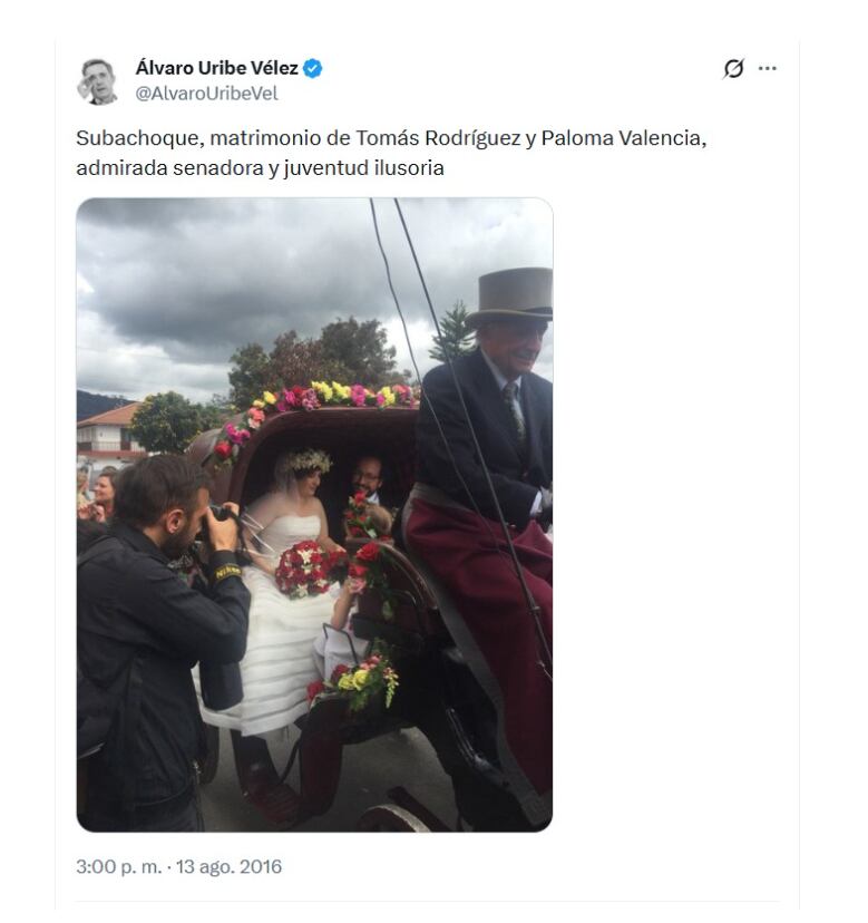 Paloma Valencia contrajo matrimonio en 2016 en Subachoque (Cundinamarca), evento al que asistió el expresidente Álvaro Uribe Vélez - crédito @alvarouribevel/X