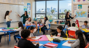 Varias maestras enseñan a un grupo diverso de niños en un aula luminosa, con grandes ventanas que muestran el Observatorio Griffith y el perfil urbano de Los Ángeles.
