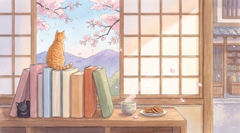 Gato atigrado sobre pila de libros junto a ventana shoji, un gato negro descansa al pie. Tetera, dorayakis y pétalos de cerezo en una repisa de madera.