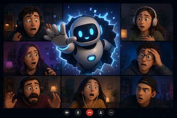 Pantalla de videollamada con seis personas alrededor de un robot animado que atraviesa la división del recuadro central.
