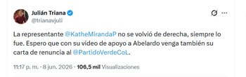 El concejal Julián Triana pidió incluso que Katherine Miranda formalice su renuncia al partido tras su decisión electoral - crédito @trianavjuli/X