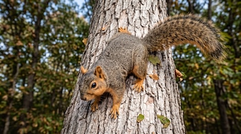 Una ardilla de pelaje gris y vientre anaranjado se sujeta a la corteza de un árbol en un bosque.