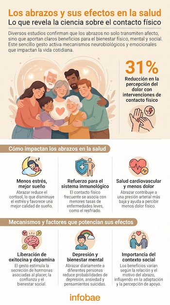 Infografía ilustra los beneficios científicos de los abrazos con un grupo de personas abrazándose, íconos de salud y texto informativo.