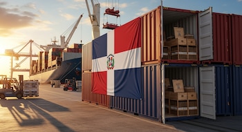 Vista de un puerto al amanecer con contenedores de carga, uno con la bandera de República Dominicana y otros abiertos mostrando cigarros artesanales, un barco y montacargas.