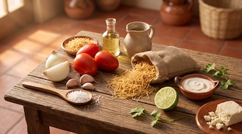 Una mesa de madera con fideos secos, jitomates, cebolla, ajo, sal, crema, limón y queso fresco en platos de barro.
