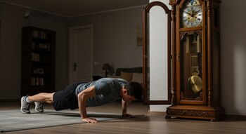 Hombre de tez blanca en camiseta gris y pantalón negro haciendo flexiones sobre una alfombra gris. A su derecha, un reloj de pie de madera con la puerta abierta.