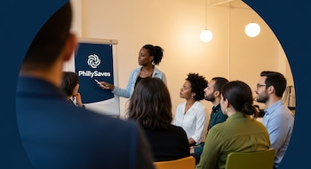 Mujer presenta el logo de PhillySaves en un cartel a un grupo diverso en una reunión comunitaria. El grupo está sentado en semicírculo, en un interior cálido.