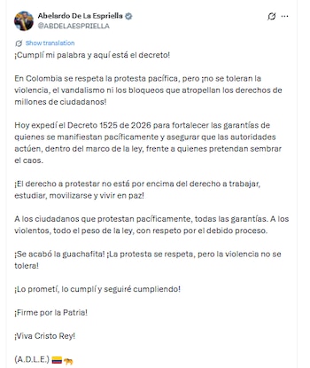 La reforma mantiene la presunción de protesta pacífica y exige habilitar corredores solidarios para ambulancias y servicios esenciales - crédito @ABDELAESPRIELLA/x