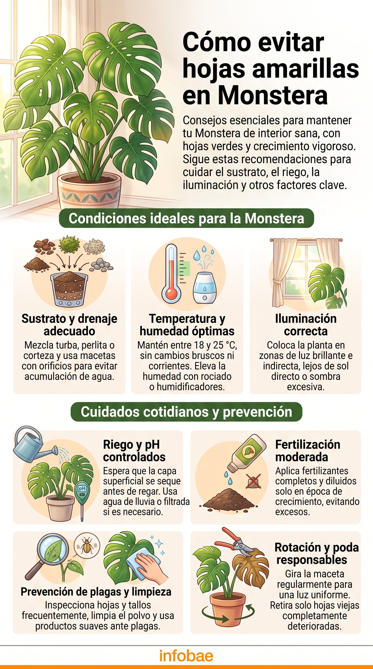 Recomendaciones para evitar las hojas amarillas en la Monstera. (Imagen Ilustrativa Infobae)